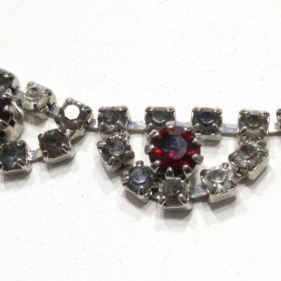 Vintage 1960s Rhinestone Choker Necklace, Rhodium Plated, Red Gray Clear Stones - Picture 6 of 10
